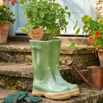 Green Heart Shaped Personalised Welly Boot Planter Gift, 2 of 5