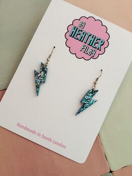 Small Blue And Silver Glitter Lightning Bolt Earrings / Midnight Storm Jewellery Galactic Sparkle /Bowie Inspired Jewellery, 5 of 5