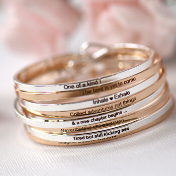 Blessed Slim Brass Bangle In Gold Or Silver Finish, 8 of 12