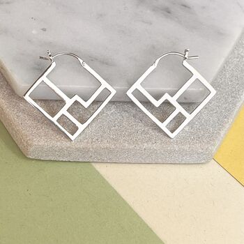 Square Art Deco Geometric Silver Hoop Earrings, 2 of 8