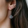 Long Silver Evil Eye Huggie Zircon Devil Eye Charm Earrings, thumbnail 1 of 8