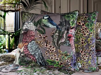 Wild Captivity Birds And Bird Cages Cushion With Flowers In Luxury Velvet On Dusty Pink, 2 of 10