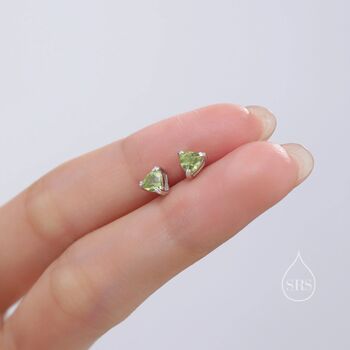 Sterling Silver Trillion Cut Genuine Peridot Stud Earrings, 5 of 12