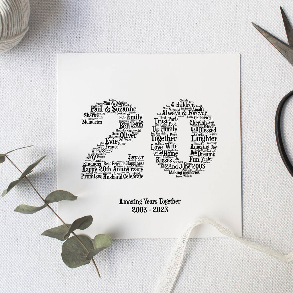 Personalised 20 Year Wedding Anniversary Word Art Gift By Hope and Love