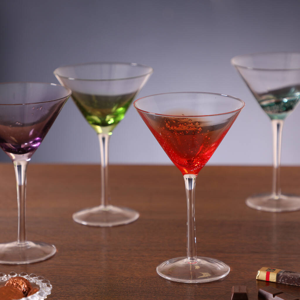 Four Luxury Colourful 'Fizz' Hand Blown Martini Glasses By Dibor