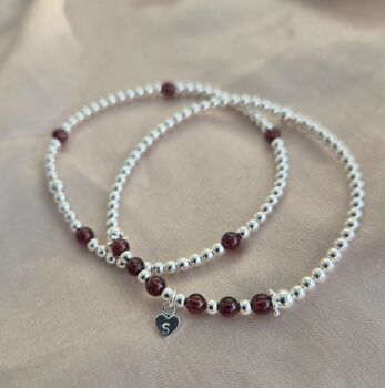 Sterling Silver January Garnet Personalised Heart Bracelet Set Of Two Stacking Bracelets: January Birthstone Stacking Jewellery, 6 of 6