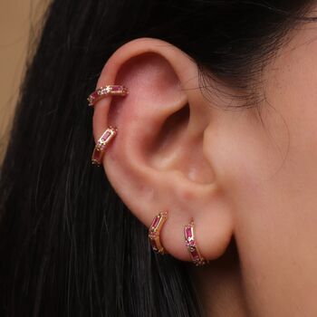 Pink Crystal Huggie Hoop Earrings 925 Silver, 2 of 7