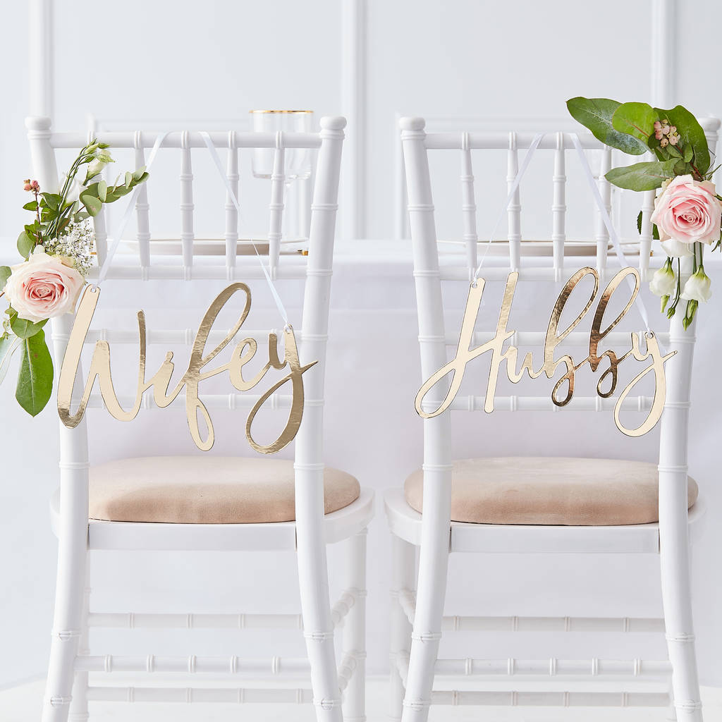 Gold Foiled Wifey And Hubby Chair Signs, 1 of 3