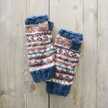 Fair Trade Fair Isle Knit Wool Lined Wristwarmer Gloves, 7 of 12
