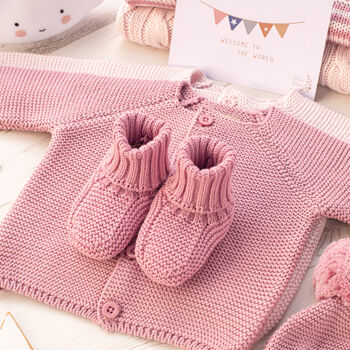 Personalised Baby Cardigan With Script Name And Booties, 11 of 12