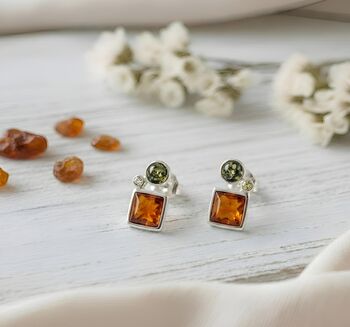 Handmade Cognac And Green Amber Silver Stud Earrings, 2 of 3