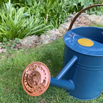 Pair Of Heritage Blue And Copper Watering Cans, 4 of 12