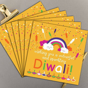Kids Smiling Rainbows And Diyas Diwali Greetings Card, 2 of 2