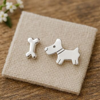 Sterling Silver Mismatched Westie/Scottie And Bone Stud Earrings, 3 of 11