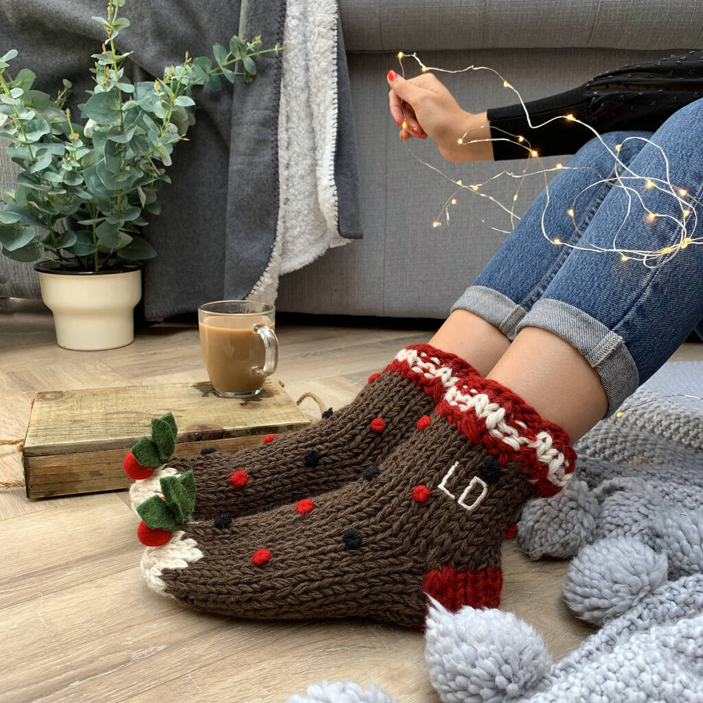 Personalised Christmas Pudding Wool Sofa Socks, 1 of 4