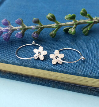 Thank You Teacher Sterling Silver Mini Textured Flower Hoop Earrings, 8 of 12