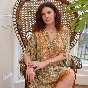 Bohemian Orange And Blue Floral Viscose Kaftan With Heavy Orange Fishbone Embroidery, 3 of 5