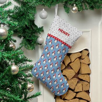 Personalised Christmas Stocking 'Blue Penguins', 2 of 3