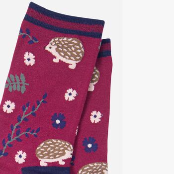 Woodland Hedgehogs Women's Bamboo Ankle Socks Burgundy, 2 of 3