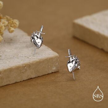 Sterling Silver Anatomical Heart Dagger Stud Earrings, 6 of 12