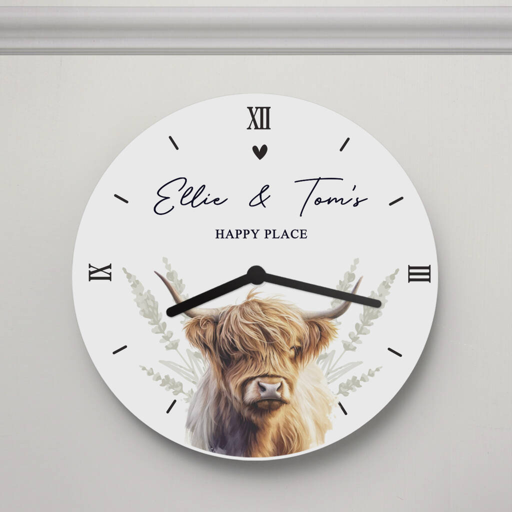 Personalised Highland Cow Wooden Wall Clock, 1 of 6