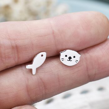 Mismatched Otter And Fish Stud Earrings In Sterling Silver, 4 of 11