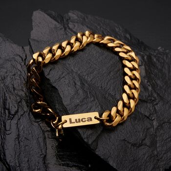 Gold Engravable 9mm Cuban Link Bracelet Unisex, 6 of 10