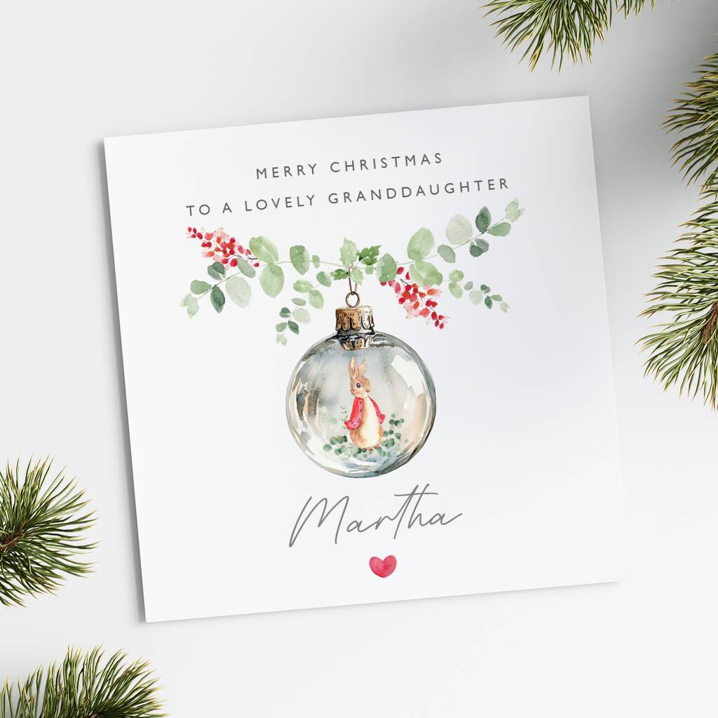 Personalised Peter Rabbit Granddaughter Christmas Bauble Card *Red Jacket, 1 of 2