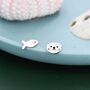 Mismatched Otter And Fish Stud Earrings In Sterling Silver, thumbnail 2 of 11