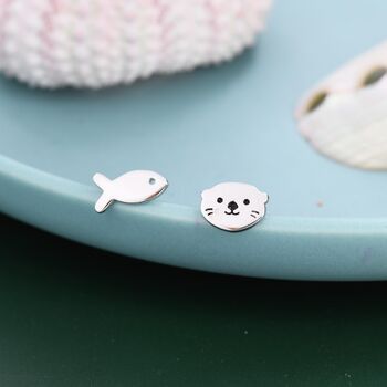 Mismatched Otter And Fish Stud Earrings In Sterling Silver, 2 of 11