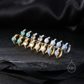 Blue Opal Cz Huggie Hoop Earrings In Sterling Silver, 5 of 10