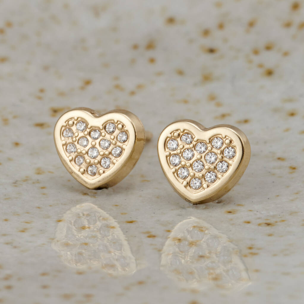 Pavé Heart 9ct Gold Stud Earrings With Cubic Zirconia By Posh Totty