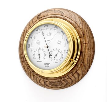 Brass Barometer / Weather Station And English Oak Mount, 2 of 12