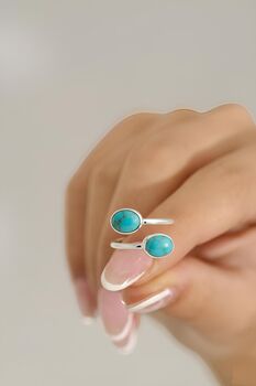 Open Adjustable Sterling Silver Turquoise Ring – Double Oval Gemstones, 2 of 5