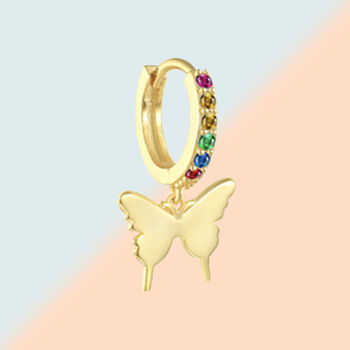 Rainbow Gold Butterfly Huggie Single Earring, 2 of 2