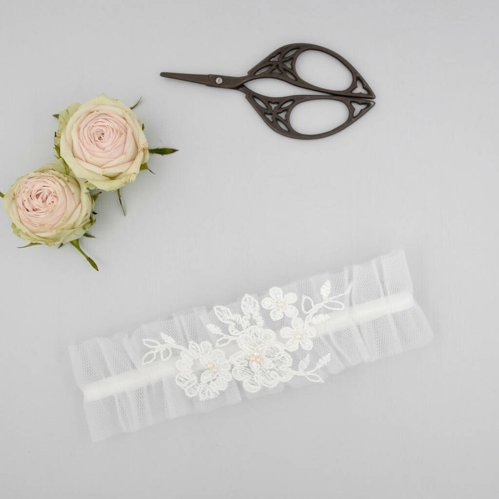 Tulle Wedding Garter With Floral Lace Motif, 1 of 7