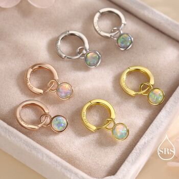 Sterling Silver Dangling Opal Hoop Earrings, 7 of 12