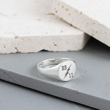 Lightning Bolt Initials Silver Signet Ring, 2 of 7