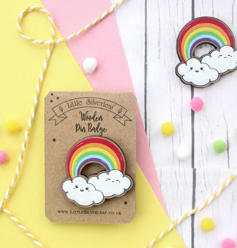 Rainbow Wooden Pin Badge With Cute Kawaii Clouds, 1 of 3