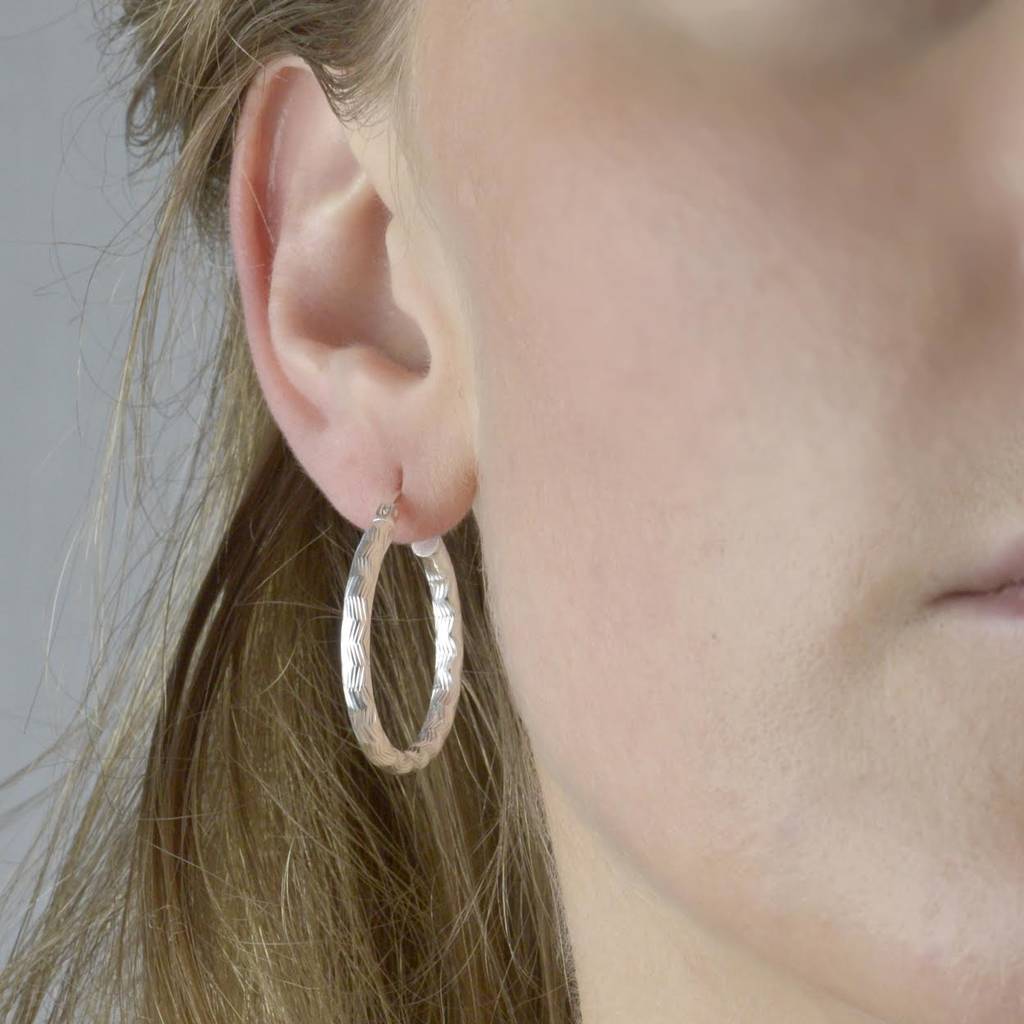 Sterling Silver Textured Hoop Earrings By The London Earring Company