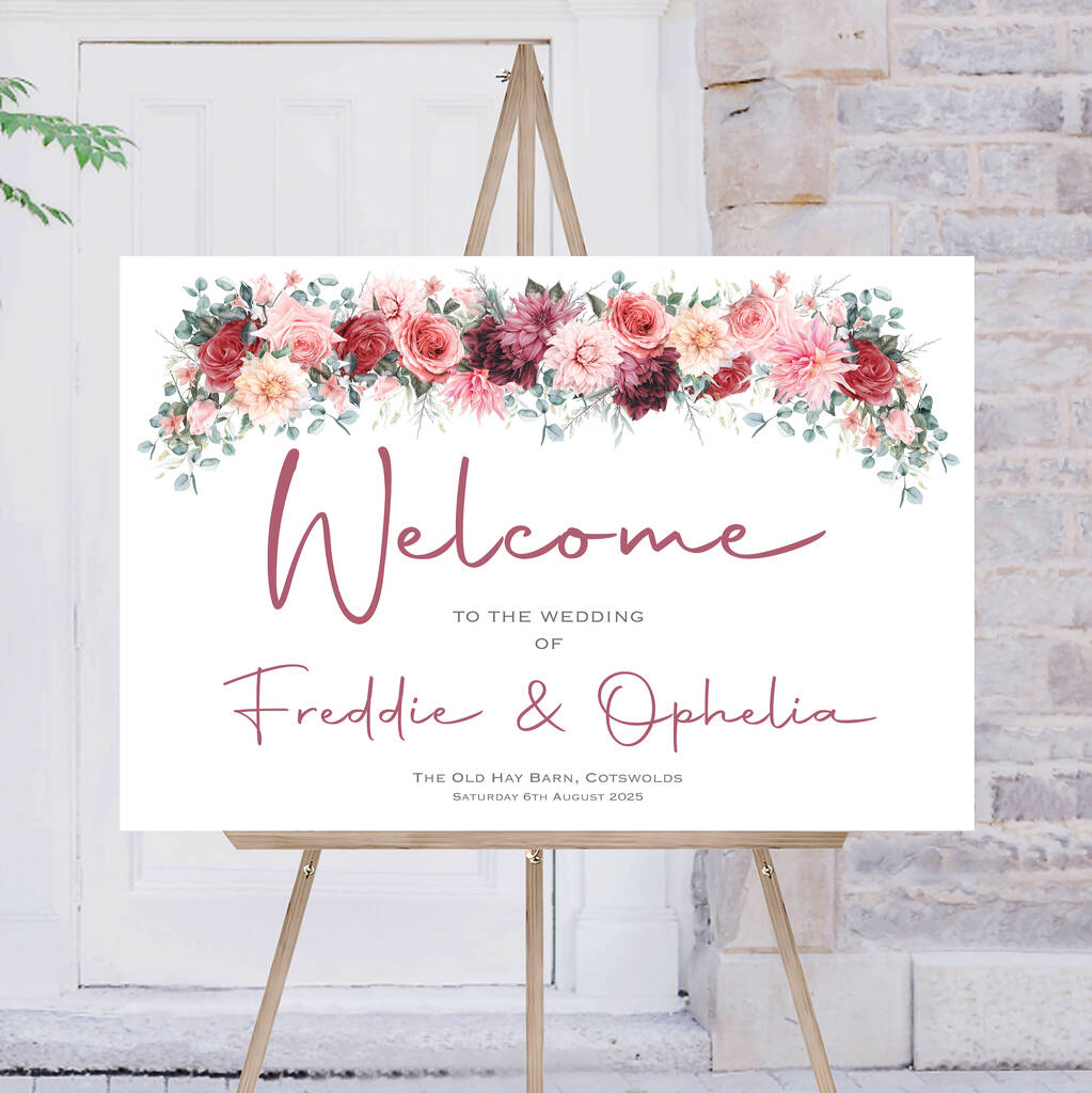 Wedding Welcome Sign Burgundy Red Pink Florals By Ottie Design