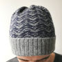 Mens Grey And Navy Knitted Lambswool Beanie Hat, thumbnail 1 of 6