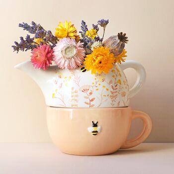 Dusky Pink Floral Bee Ceramic Teapot And Cup Set, 3 of 12