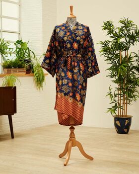 Midnight Blue Silk Blend Kimono Dressing Gown, 3 of 4