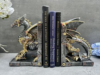 Pair Of Steampunk Dragon Bookends – Silver And Gold Retro, 6 of 12
