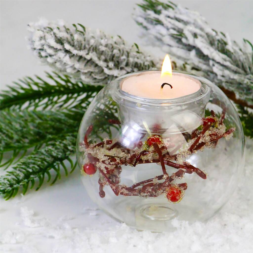 Glass Frosted Twig And Berry Tealight Holder By The Christmas Home