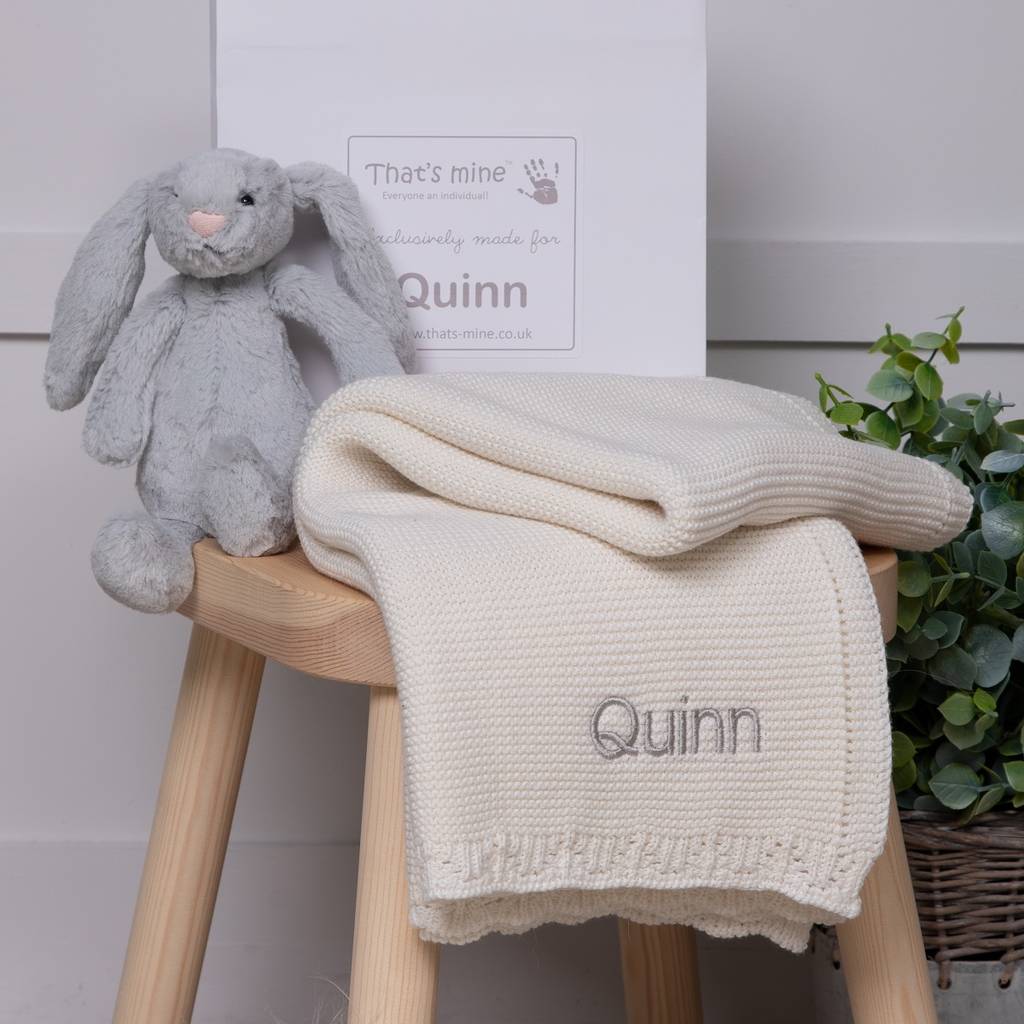 Personalised Cream Plain Knit Organic Baby Blanket By That's mine