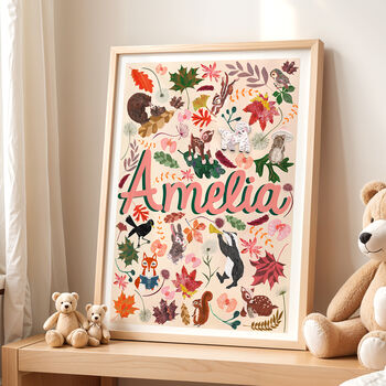 Personalised Woodland Animal Name Print | Pink Storybook Nursery Decor | Baby Girl Keepsake Gift, 2 of 11