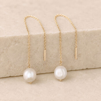 Gold Plated Sterling Silver Freshwater Pearl Threader Drop Earrings, 2 of 6