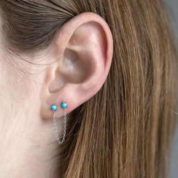 Sterling Silver Chain Double Turquoise Stud Earrings, 2 of 9